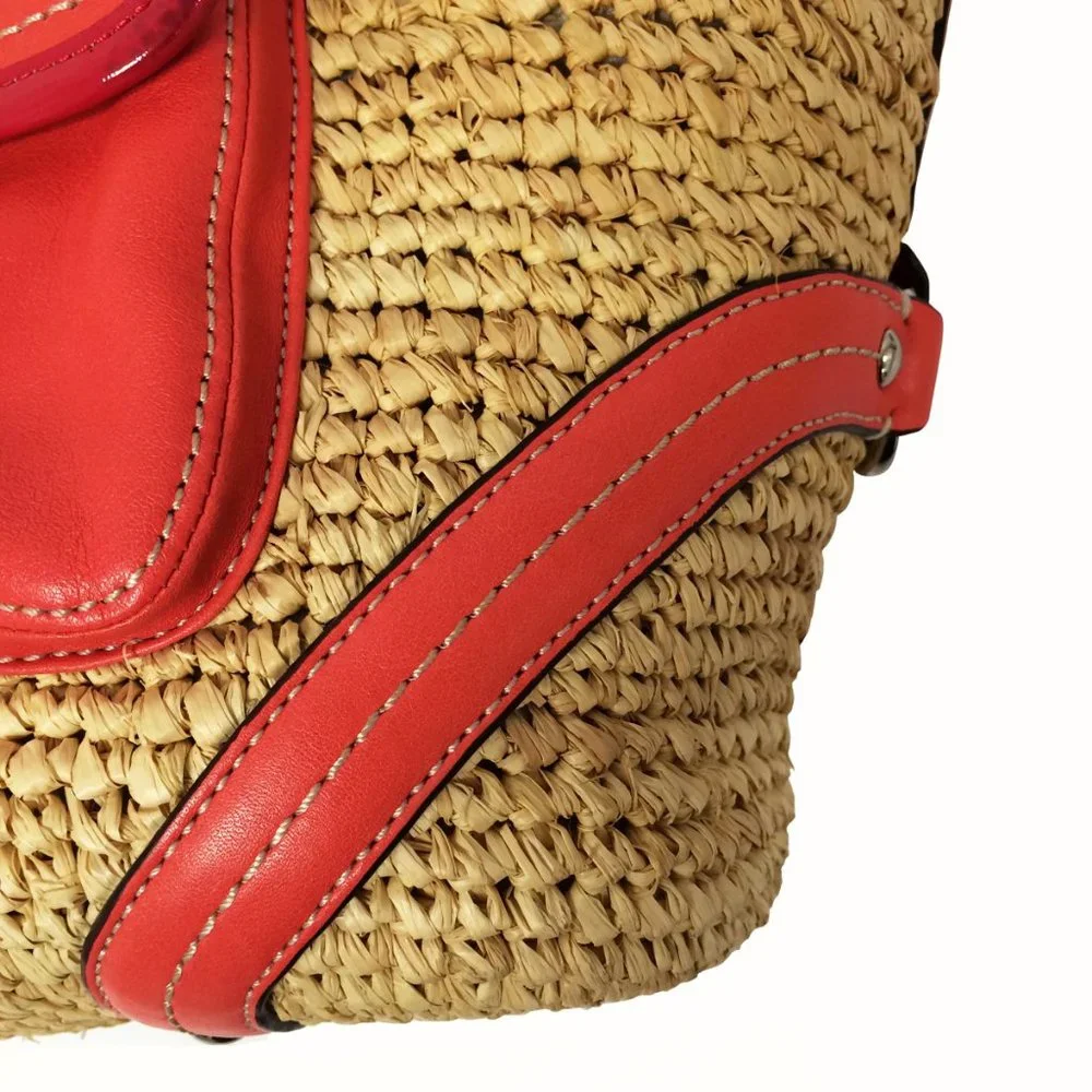 Coach Woven Straw Pocket Tote Natural Coral Leather Trim Turnlock Beach Bag
